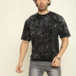 Absqura Men Acid Wash Solid Oversized Black T-Shirt