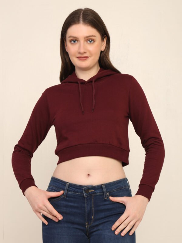 Absqura Solid Women Maroon Crop Hoodies