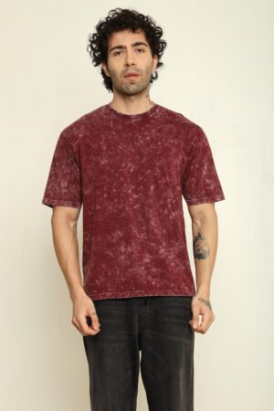 Absqura Men Acid Wash Solid Oversized Maroon T-Shirt
