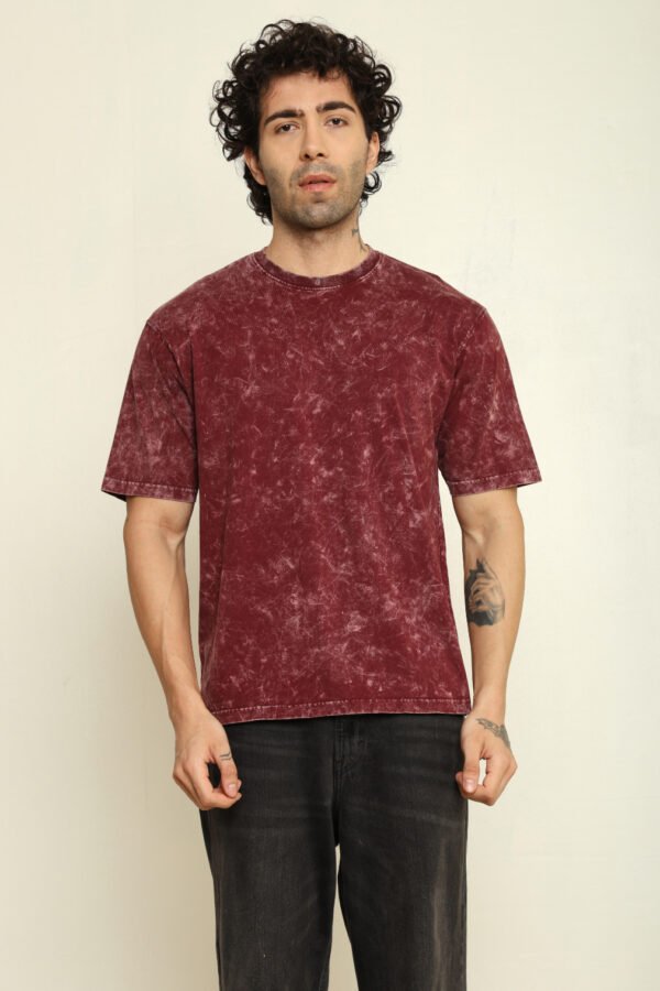 Absqura Men Acid Wash Solid Oversized Maroon T-Shirt