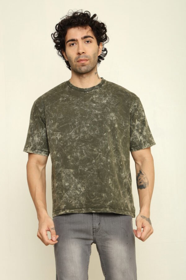 Absqura Acid Wash Solid Oversized Olive Green T-Shirt